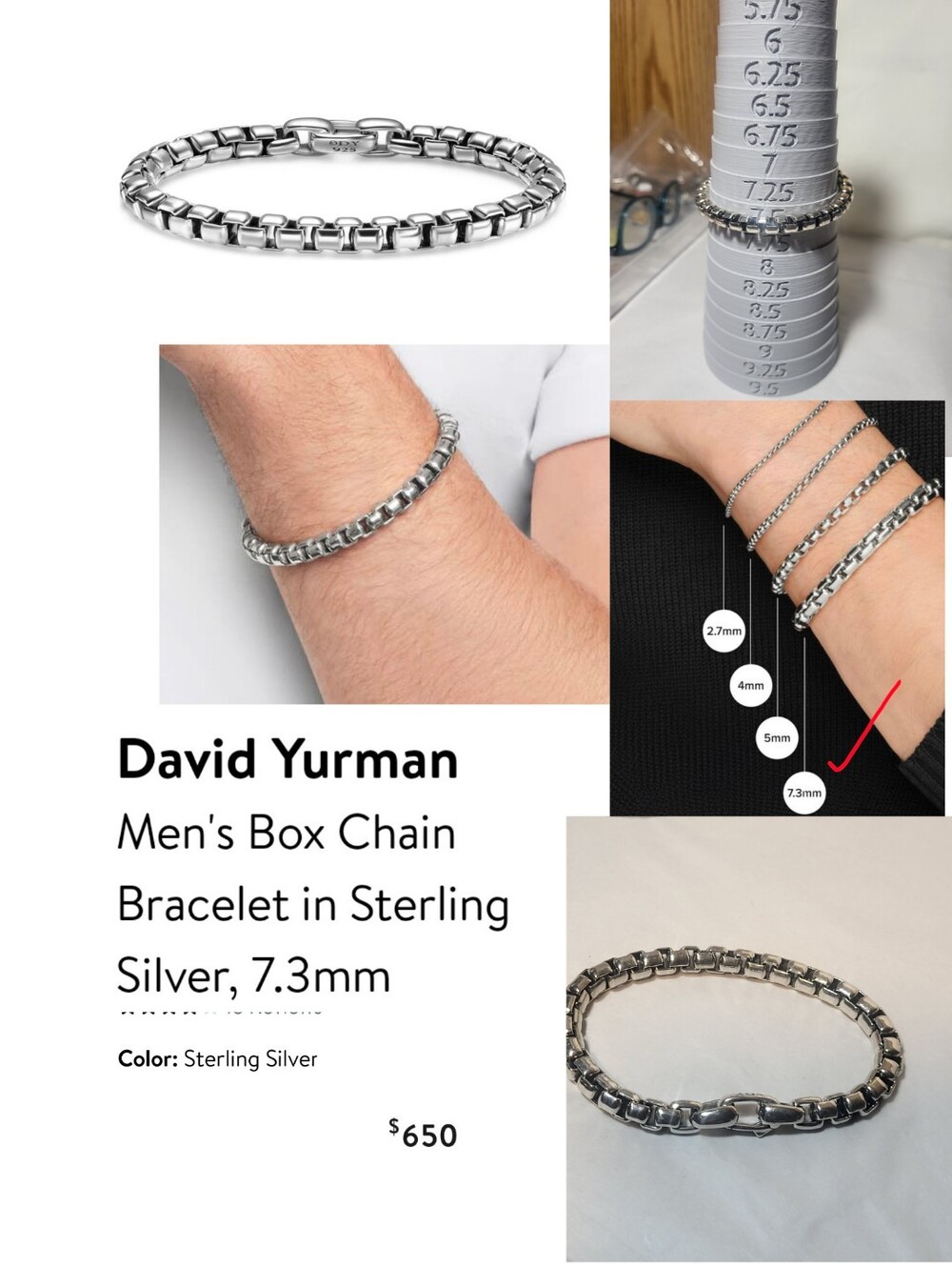 David Yurman Box Chain Silver Men's Bracelet Size Chart. #009b